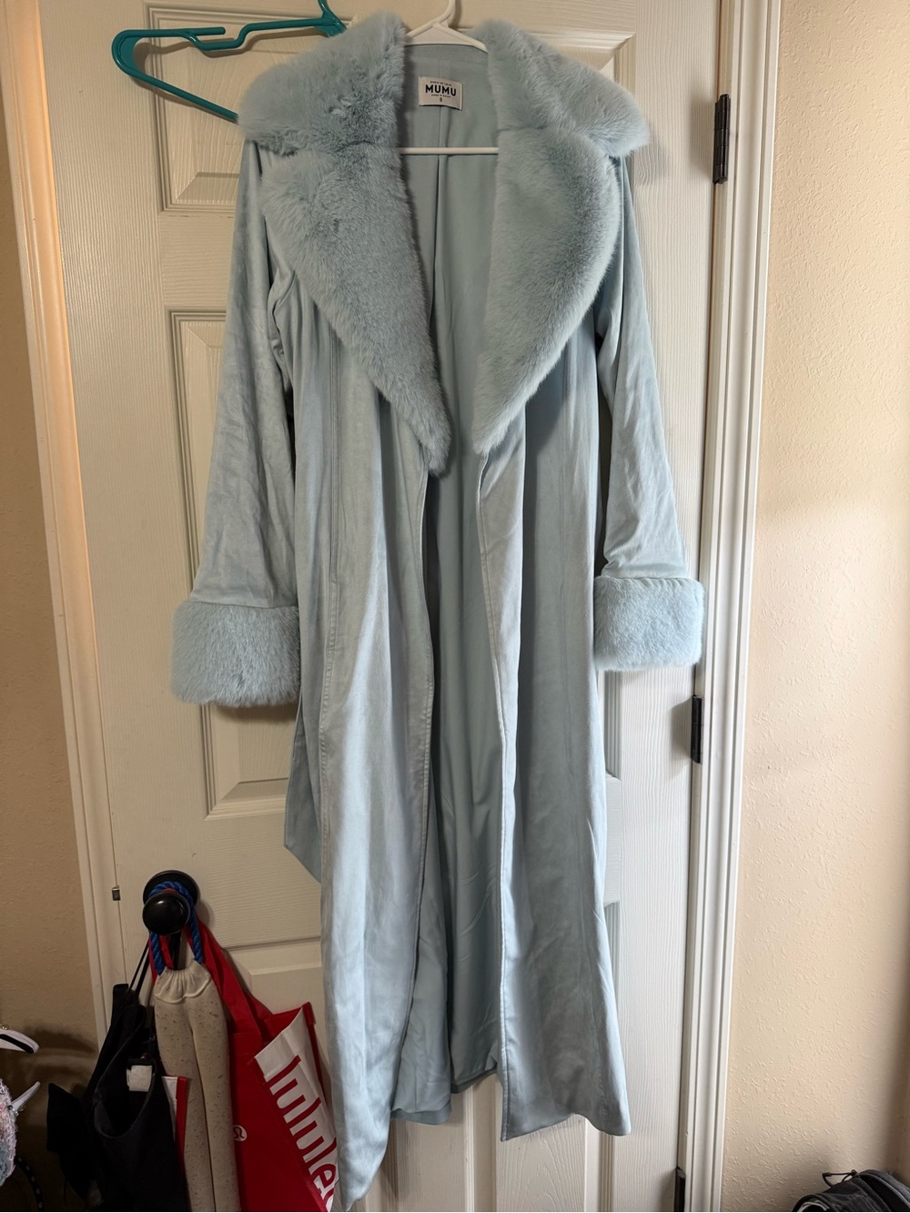 Show Me Your MuMu Powder Blue Faux-Fur Trim Long Robe